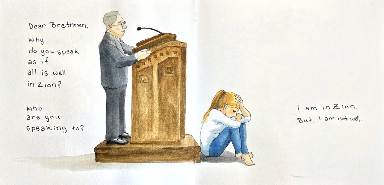 A grey-haired preacher at a tall wooden pulpit on the left page; on the right a young woman sits barefoot on the floor, face in her hands.