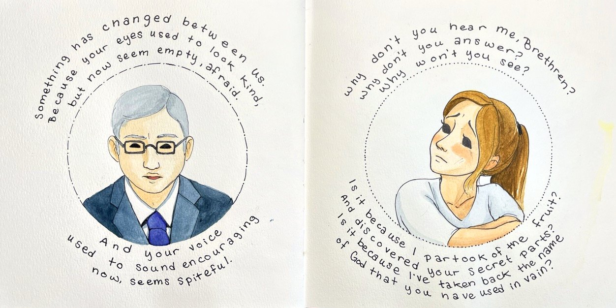 Two dotted circles: a grey-haired man in glasses and a blue tie, and the ponytailed woman with tears on her cheek.