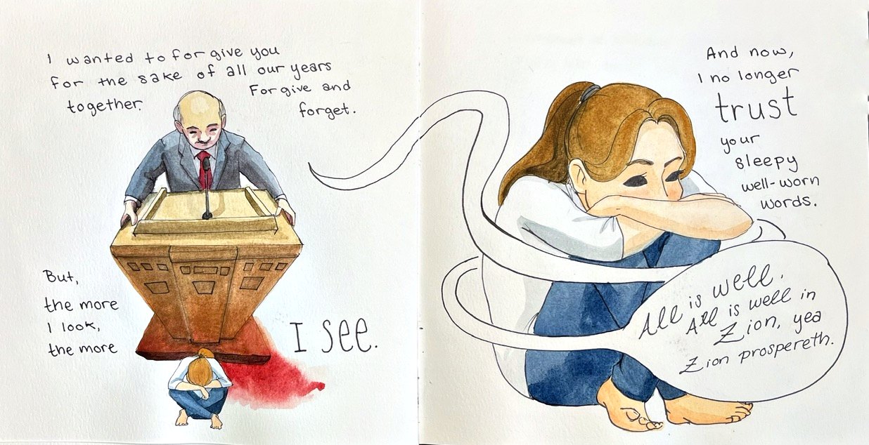The man leaning over a great wooden pulpit seen from above, a tiny figure crouched beneath it in a red stain; opposite, the woman curled up, wound around with a white ribbon.