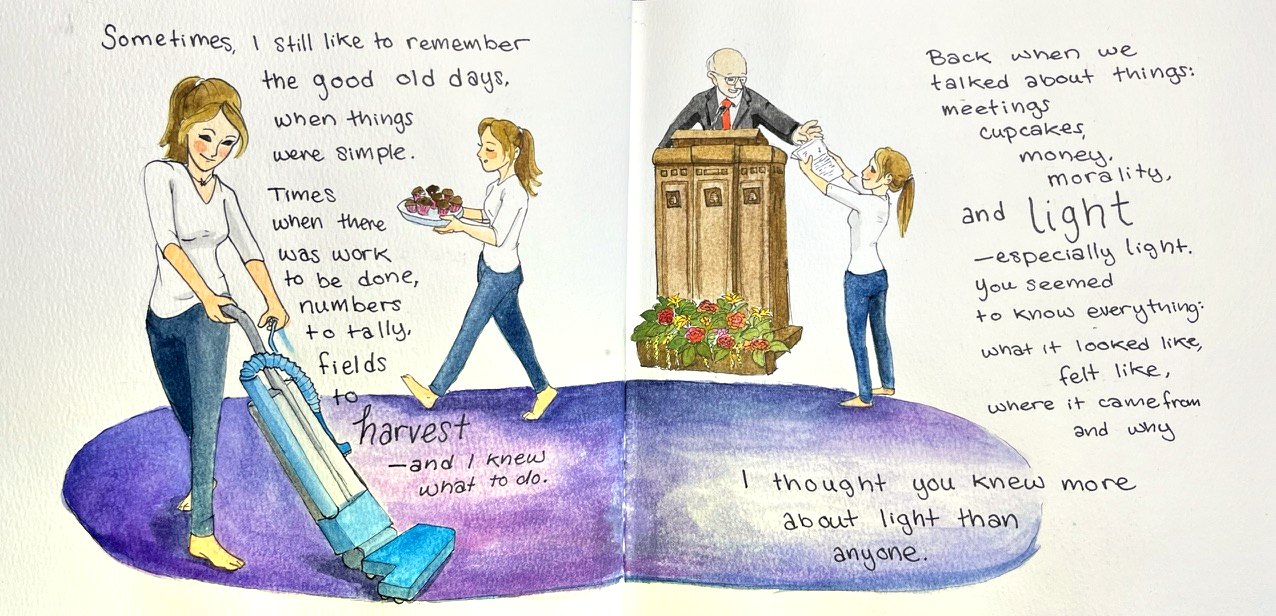 A woman vacuums a purple rug while another carries cupcakes past; opposite, the man at the pulpit hands a paper to a woman among flowers.