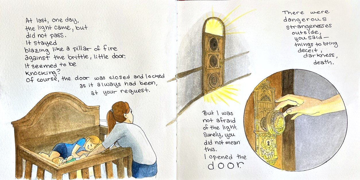 A woman leans over a crib where a toddler sleeps; opposite, a narrow panelled door blazing with light and an inset of a hand turning its brass knob.
