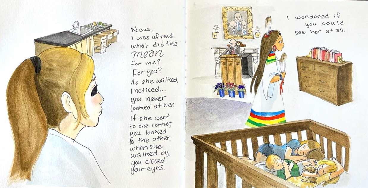 A close profile of the woman with the ruined kitchen behind her; opposite, Truth standing in the living room while the preacher stands at his pulpit.