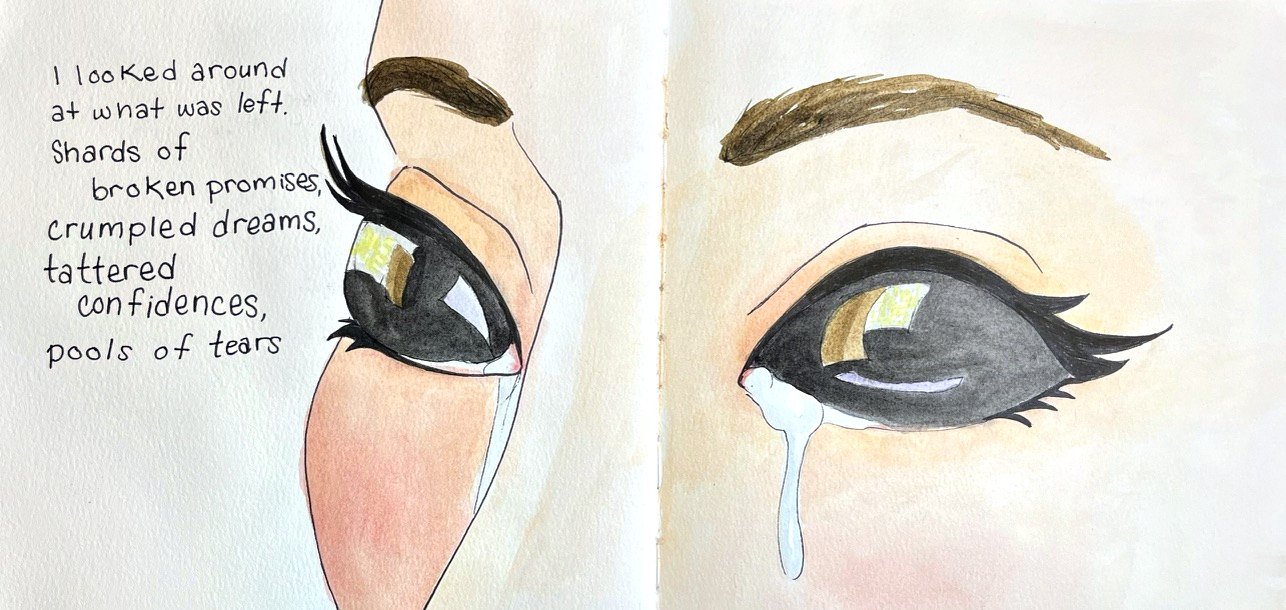A woman's face in profile, one enormous dark eye at the fold; opposite, a huge close-up of a single weeping eye.