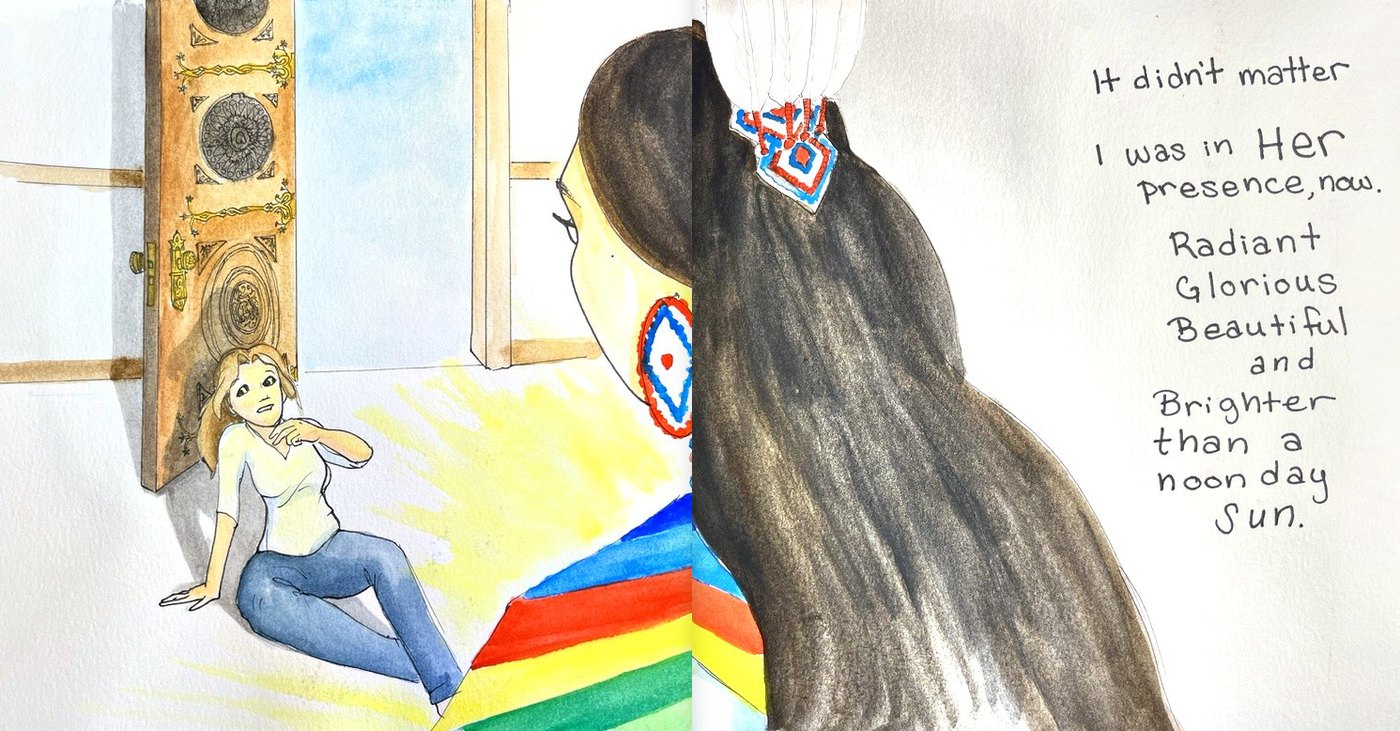 The woman fallen back against the carved door, looking up; opposite, Truth seen from behind, long dark hair, beaded ornament, and her words on the page.