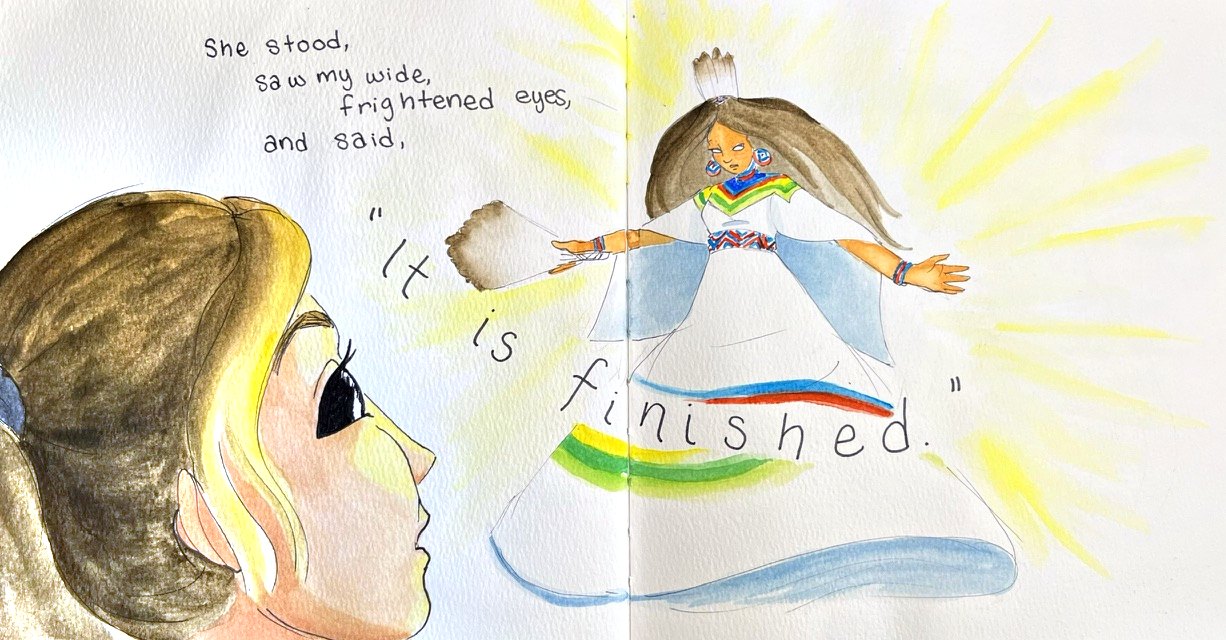 A close profile of the woman looking up; opposite, the figure facing the reader with arms open, rays of yellow light around her.