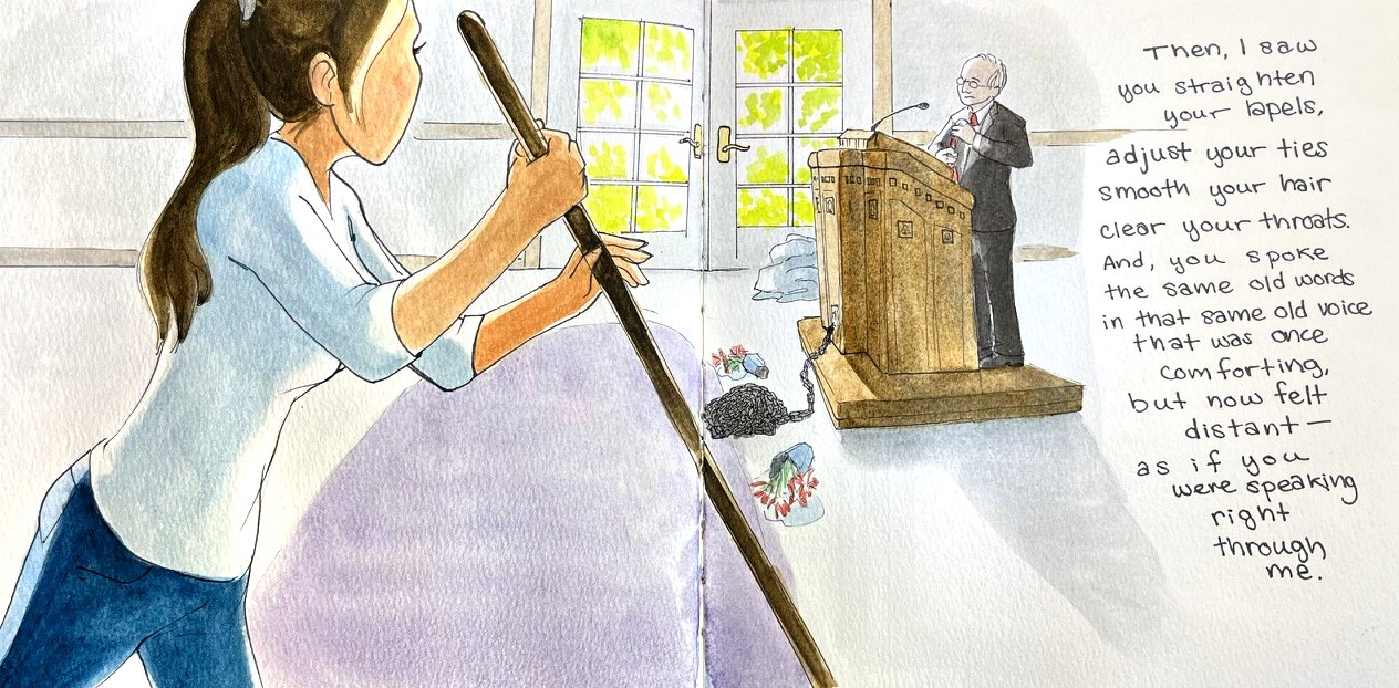 The girl sweeping across a lavender rug in sunlight; opposite, the preacher at his pulpit, fallen flowers and a chain on the floor.