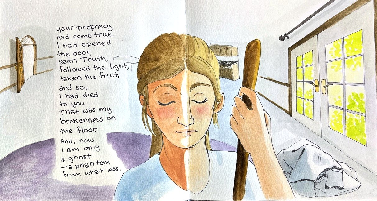 Half of the girl's closed-eyed face, split by the fold; opposite, the other half of her face with her hand on the upright broom.