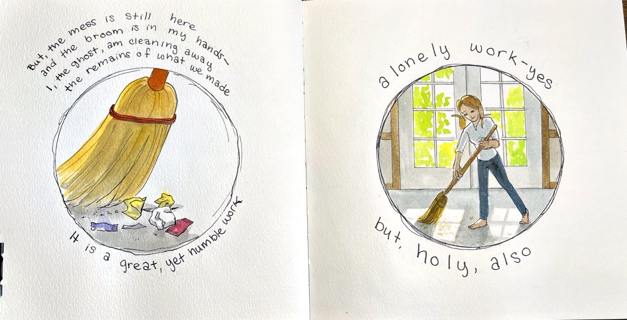 A circular vignette of a straw broom sweeping scraps of paper; opposite, a circular vignette of the girl sweeping a bare sunlit floor.