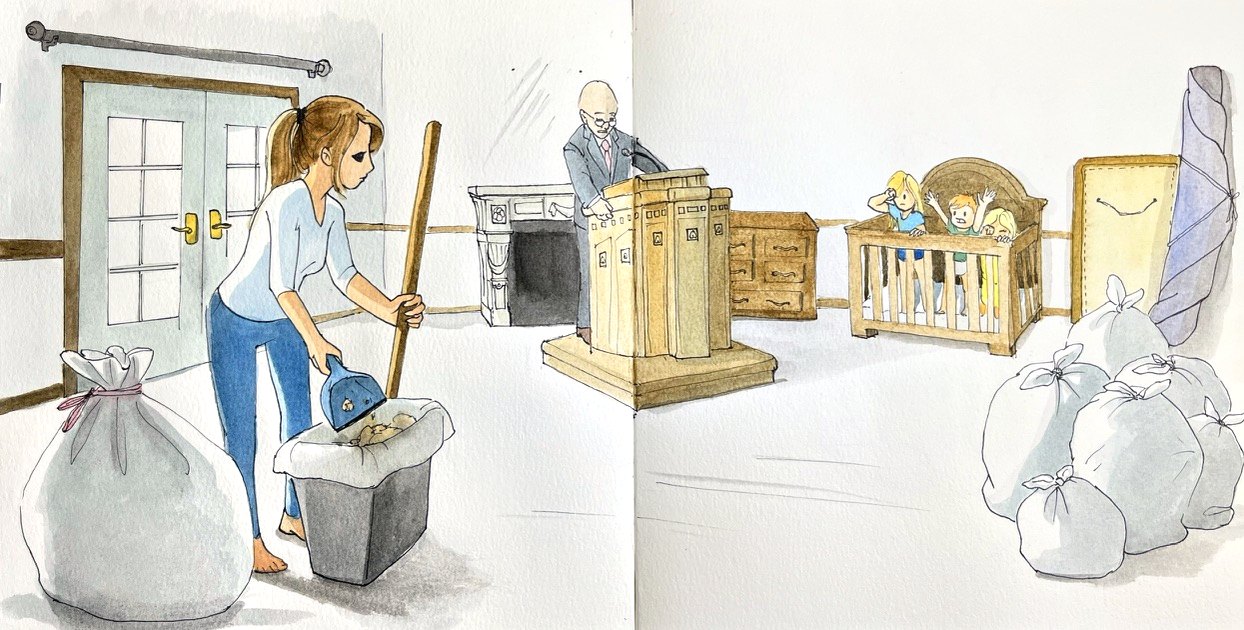 The woman sweeping with a dustpan beside a full grey sack before French doors; opposite, the preacher, a crib of children and piled belongings.