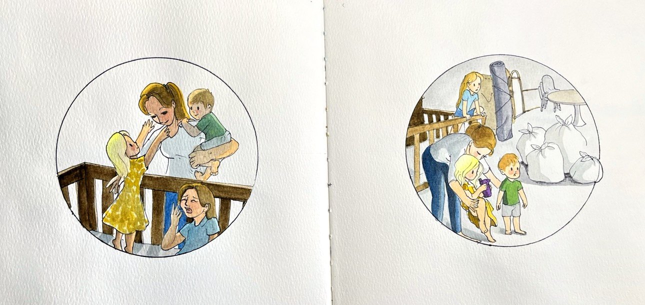 Two circular vignettes: a mother holding a toddler while a girl reaches up, and a woman and children behind a rail with sacks.
