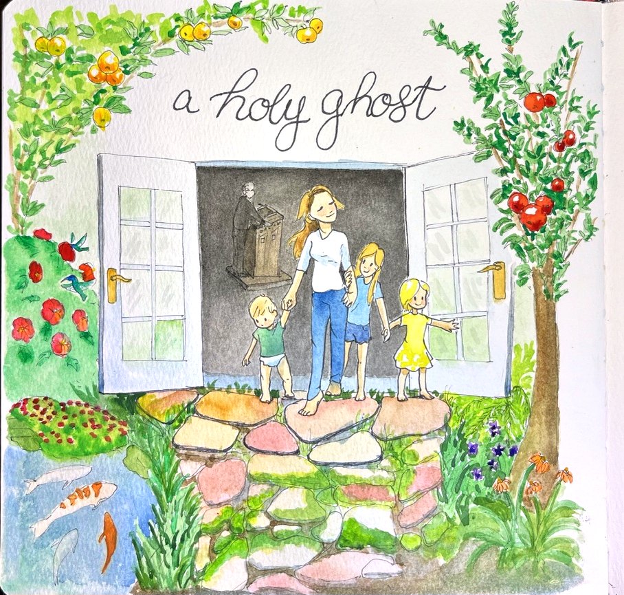 Open French doors onto a garden with fruit trees, roses and a koi pond, a mother and three children stepping out, the preacher left behind in the dark room.